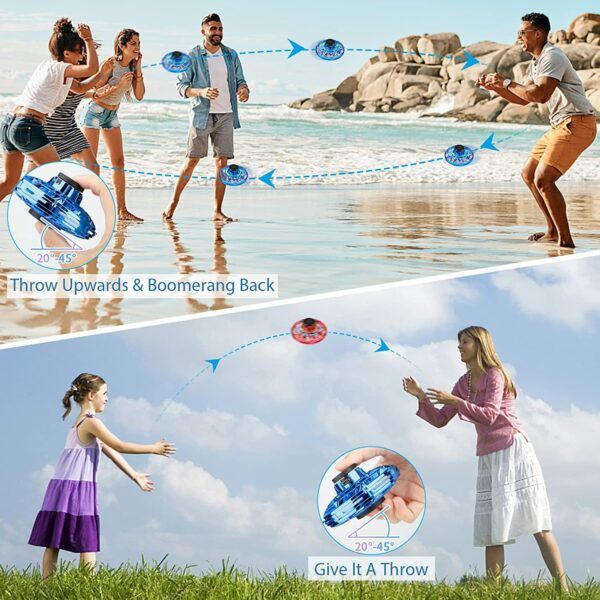 Children playing tag in a lush green park, with one girl in blue shorts reaching to tag a boy in a striped shirt, while a Glow Drone 360 Flying Toy with LED lights hovers above.