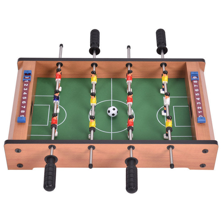 A Family Fun Games Indoor/Outdoor Competition Game Soccer Table with a white background, featuring a MDF frame and steel rods.