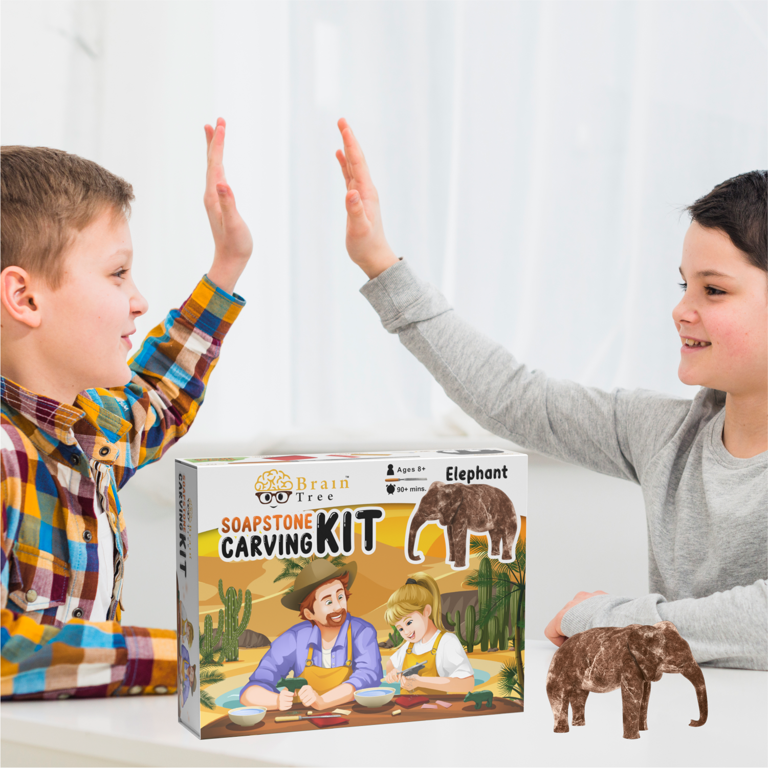 A Elephant Soapstone Carving Kit: Safe and Fun DIY Craft for Kids and Adults with an elephant and a man.