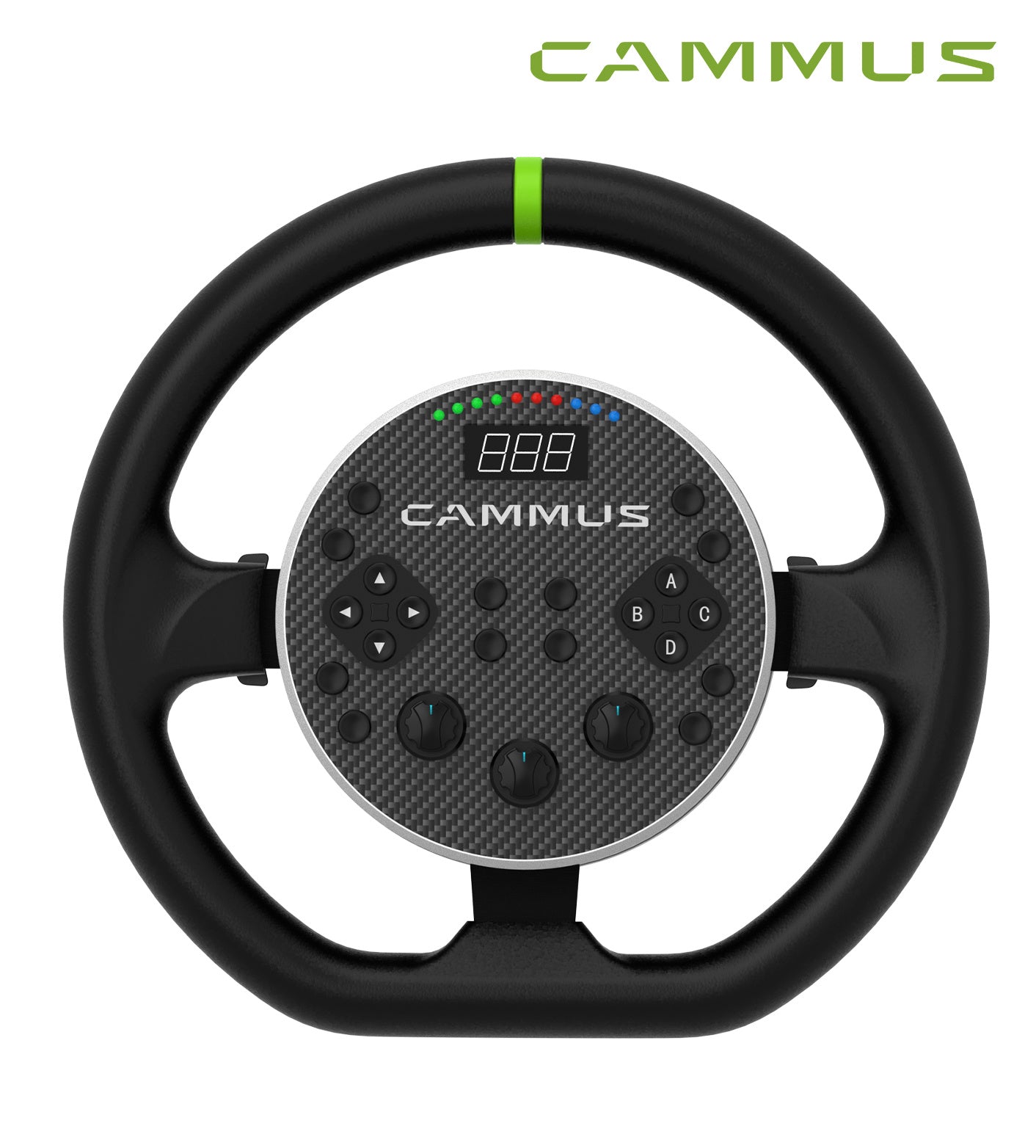A CAMMUS C5 Direct Drive Base Racing Wheel For PC Games, featuring the word CAMMUS prominently displayed on its steering wheel.