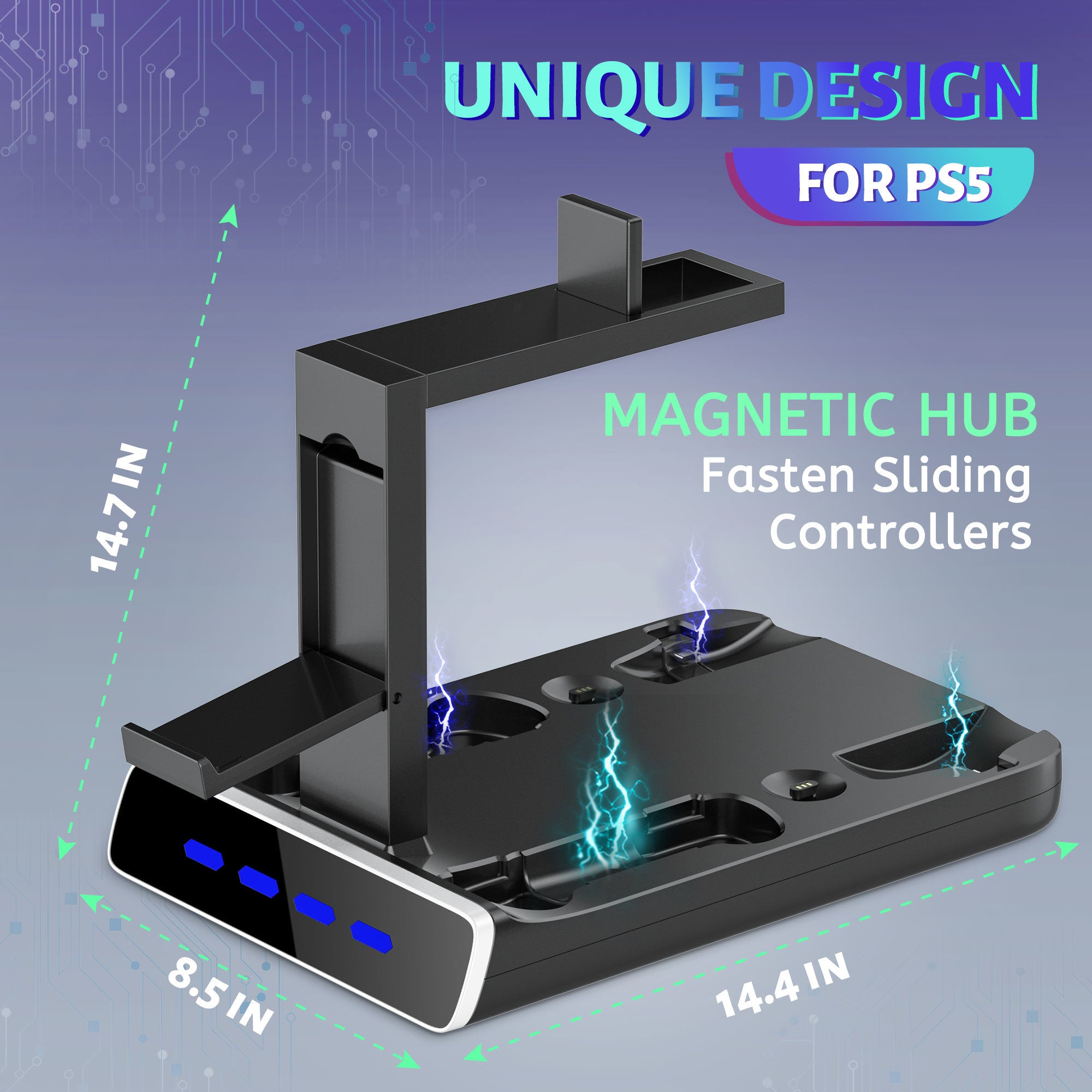 A PSVR2 Controller Charging Dock with LED Light, VR Stand Display is sitting on top of a white Fast Charging Dock.