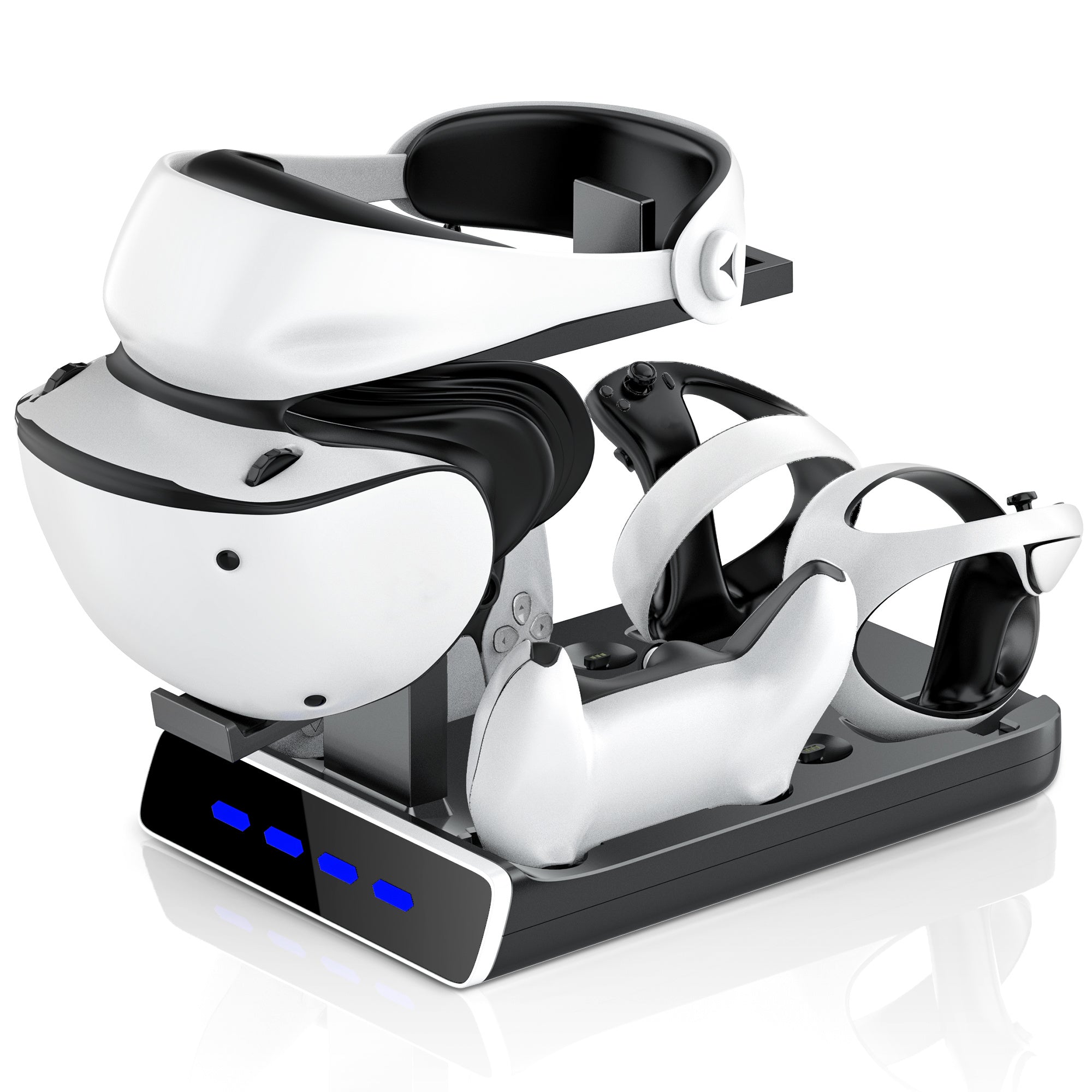 A PSVR2 Controller Charging Dock with LED Light, VR Stand Display is sitting on top of a white Fast Charging Dock.