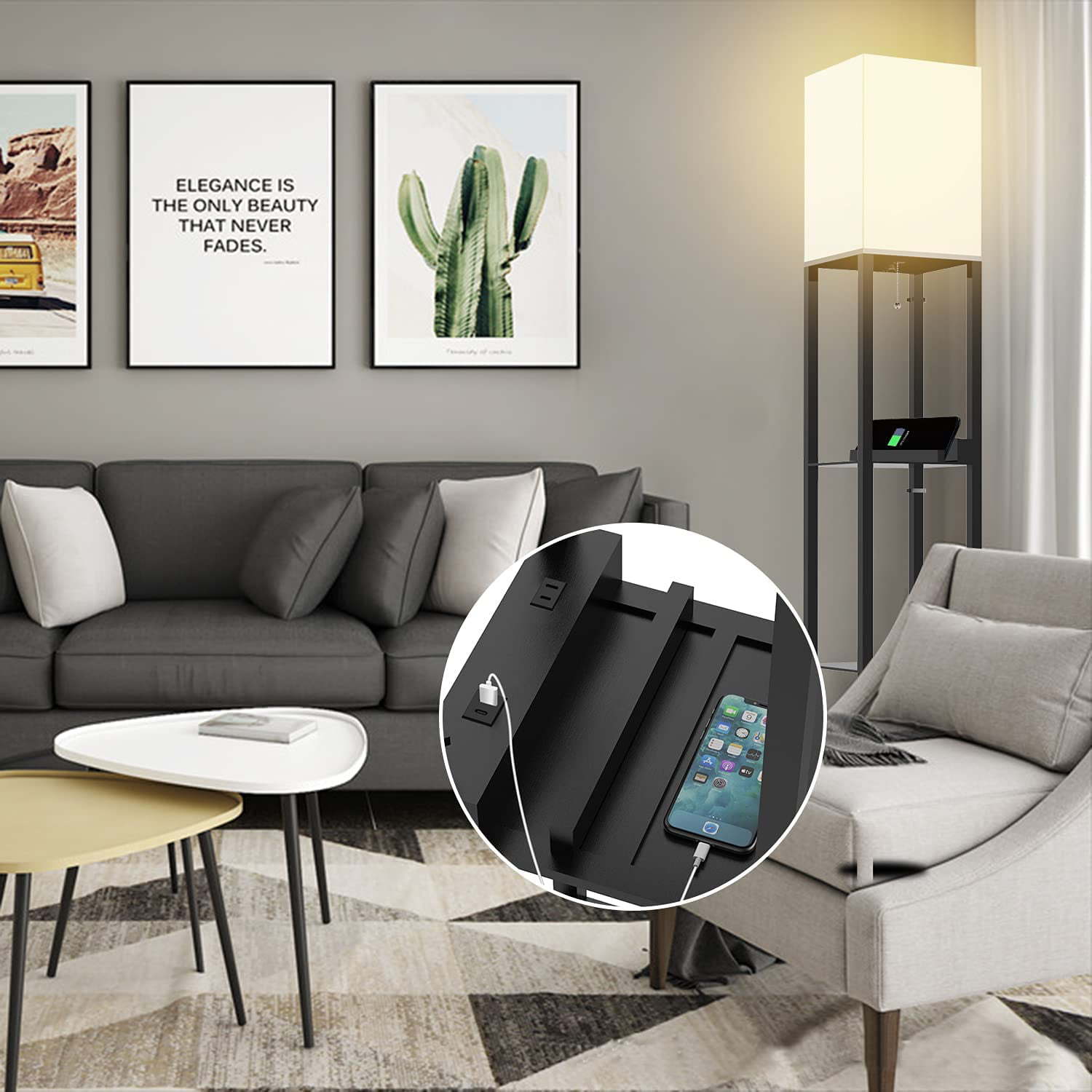 Floor Lamp with Shelf; Solid Wood Shelf Floor Lamp with 2 Charging Ports and 1 Power Outlet; Bedroom Floor Lamp; Living Room Lamp; Matte Black floor lamp with built-in shelves and USB charging ports, shown charging multiple devices, with an inset close-up on the charging slot.
