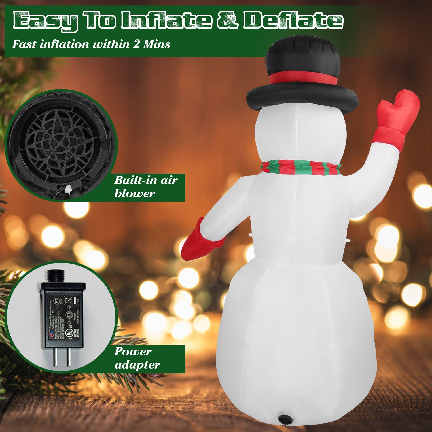7.9FT Christmas Inflatable Giant Snowman Blow up Light up Snowman adorned with LED lights.