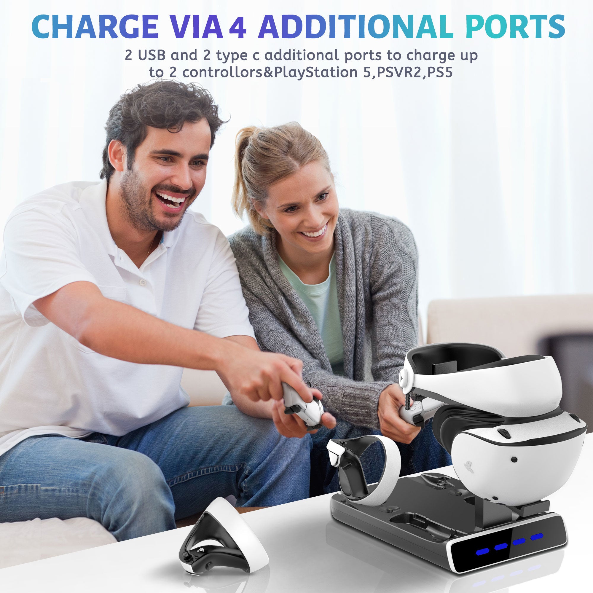 A PSVR2 Controller Charging Dock with LED Light, VR Stand Display is sitting on top of a white Fast Charging Dock.
