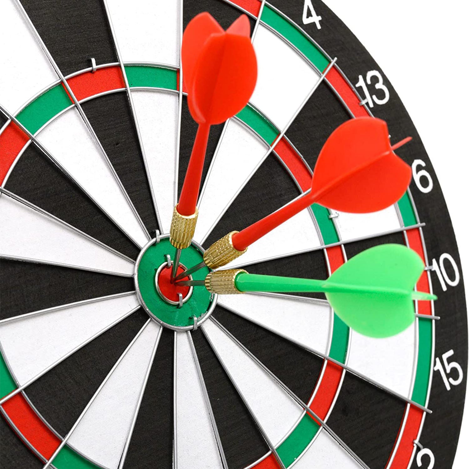 16in Dart Board Game Set 6 Steel Tip Darts Double-sided Dartboard Outdoor Indoor Party Game Set with six darts (three red, three green) embedded in various scoring areas, isolated on a white background.