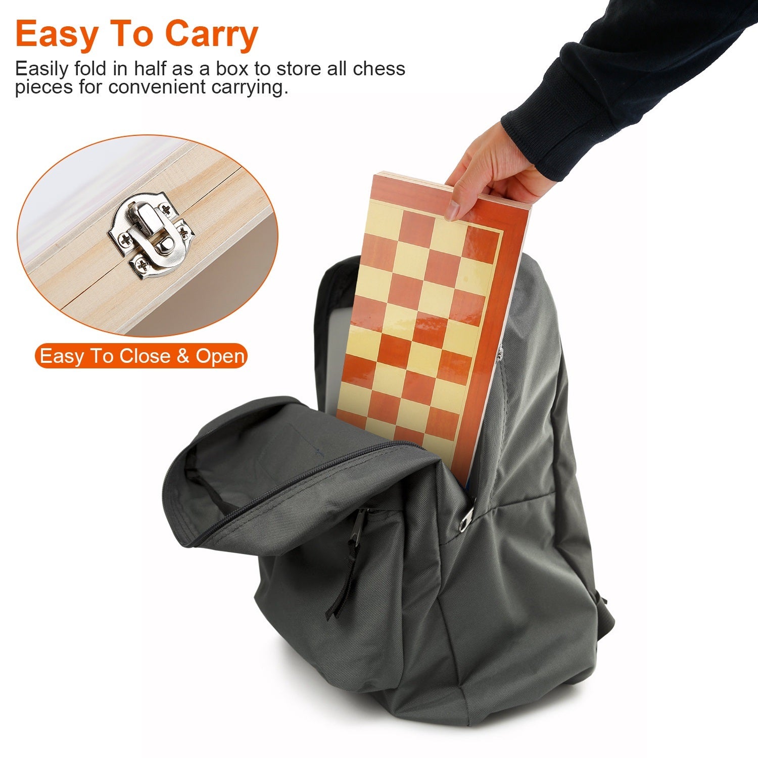A Folding Board Game Set Portable Travel Wooden Chess Set with Wooden Crafted Pieces Chessmen Storage Box on a white background.