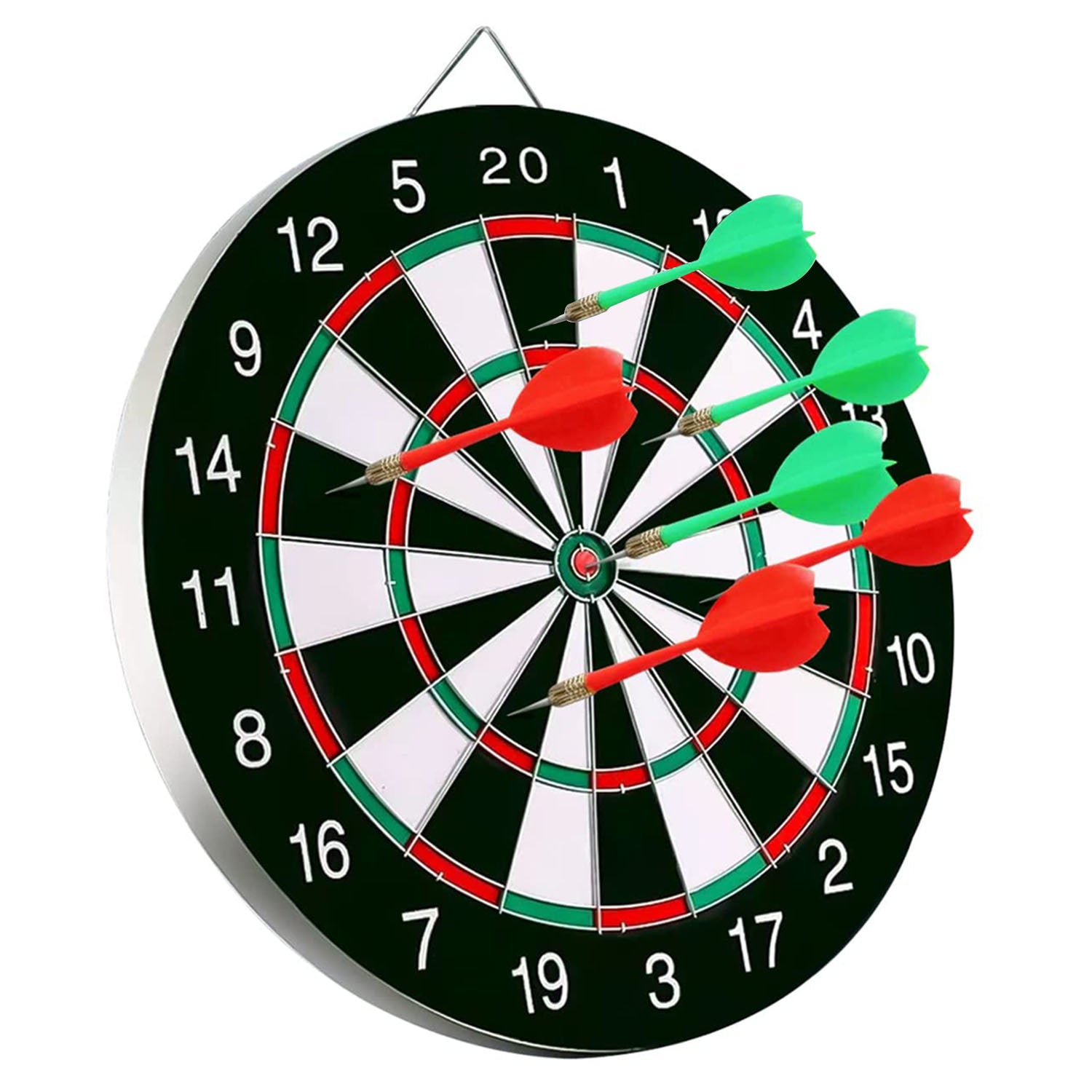 16in Dart Board Game Set 6 Steel Tip Darts Double-sided Dartboard Outdoor Indoor Party Game Set with six darts (three red, three green) embedded in various scoring areas, isolated on a white background.
