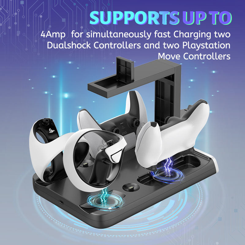 A PSVR2 Controller Charging Dock with LED Light, VR Stand Display is sitting on top of a white Fast Charging Dock.