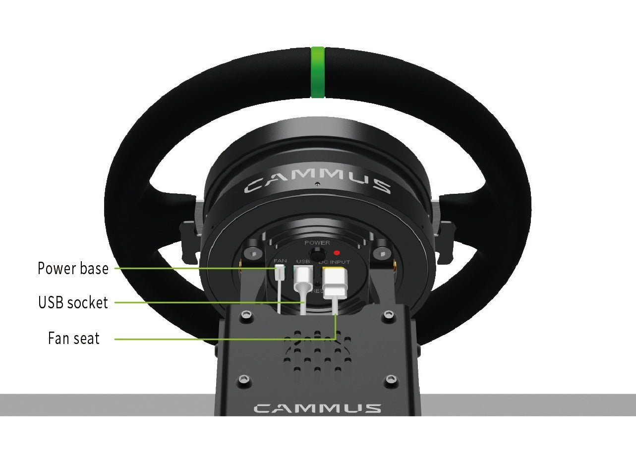 A CAMMUS C5 Direct Drive Base Racing Wheel For PC Games, featuring the word CAMMUS prominently displayed on its steering wheel.