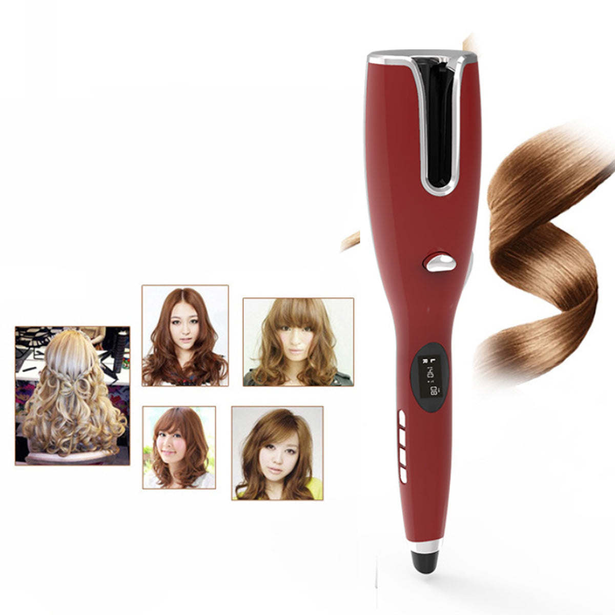 A photo of a woman with the Go Curly USB Charged Automatic Hair Curler.