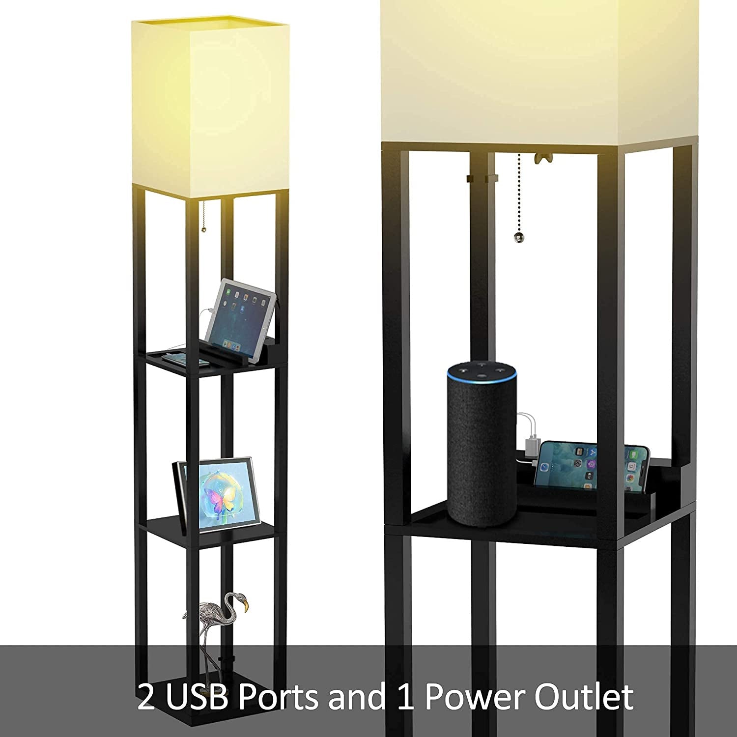 Floor Lamp with Shelf; Solid Wood Shelf Floor Lamp with 2 Charging Ports and 1 Power Outlet; Bedroom Floor Lamp; Living Room Lamp; Matte Black floor lamp with built-in shelves and USB charging ports, shown charging multiple devices, with an inset close-up on the charging slot.