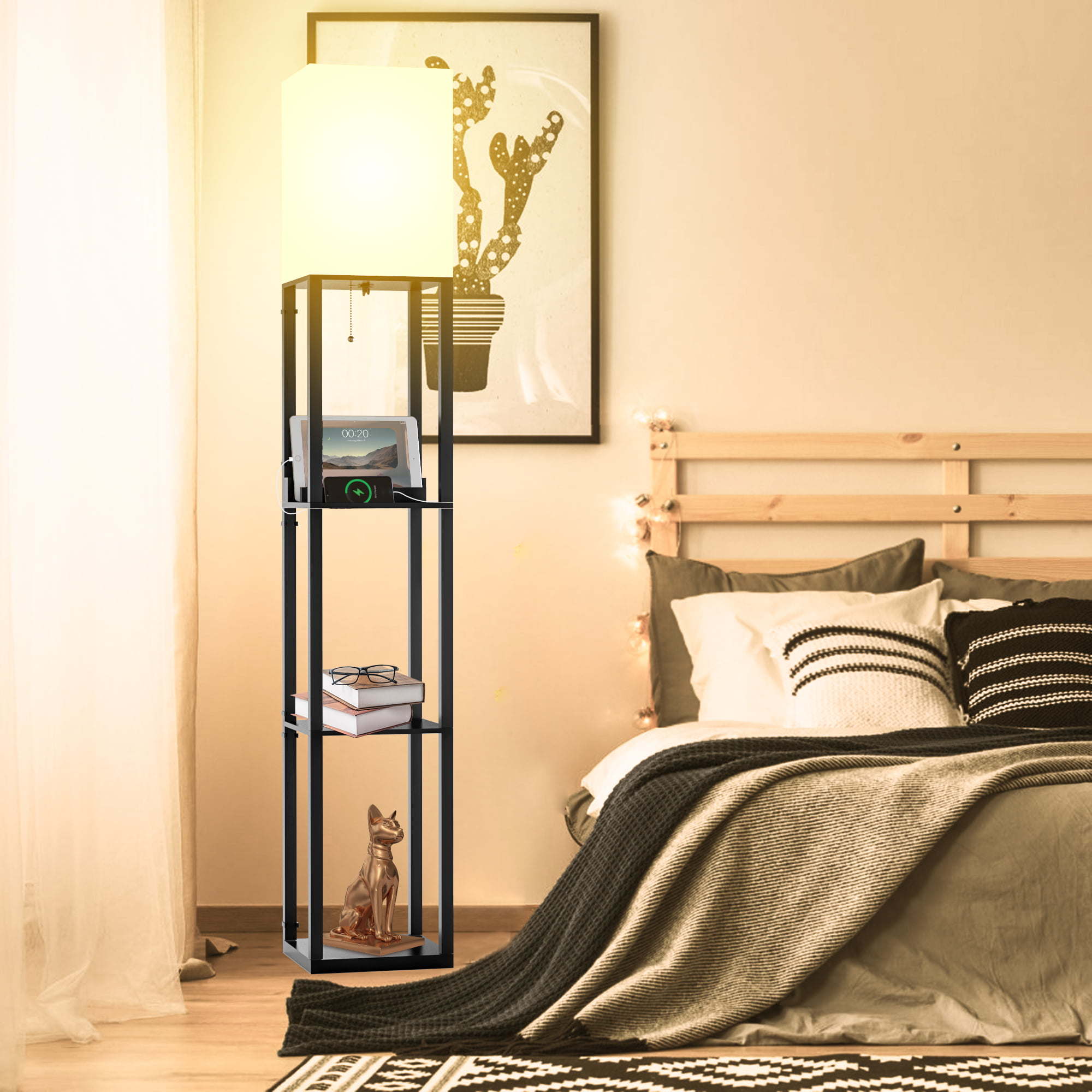 Floor Lamp with Shelf; Solid Wood Shelf Floor Lamp with 2 Charging Ports and 1 Power Outlet; Bedroom Floor Lamp; Living Room Lamp; Matte Black floor lamp with built-in shelves and USB charging ports, shown charging multiple devices, with an inset close-up on the charging slot.