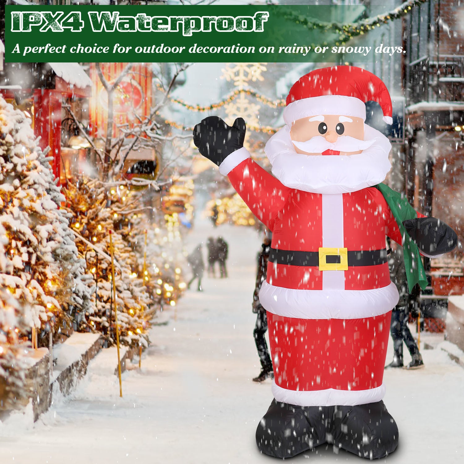 A group of 6.4ft Inflatable Christmas Giant Santa Claus Blow up Santa Claus with built-in blower and LED lights.
