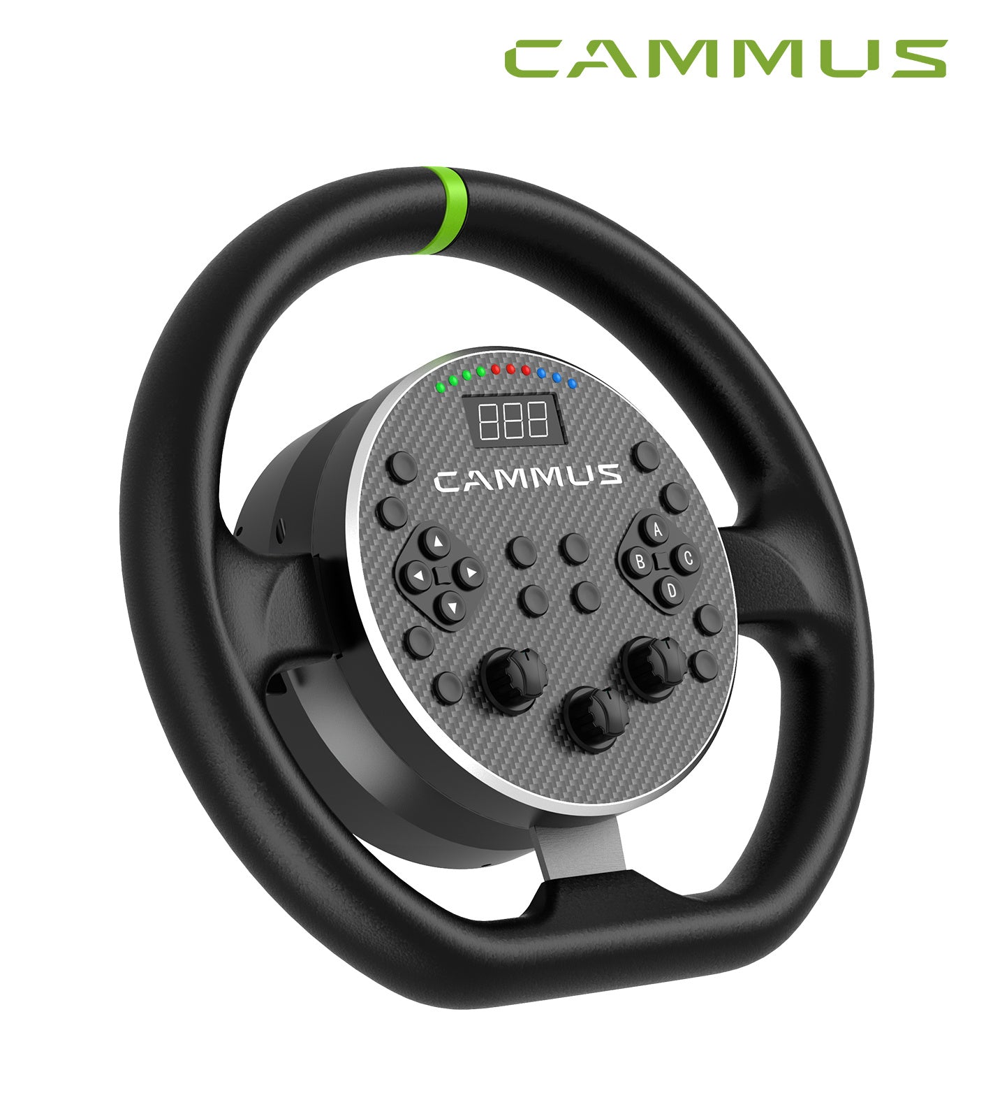 A CAMMUS C5 Direct Drive Base Racing Wheel For PC Games, featuring the word CAMMUS prominently displayed on its steering wheel.