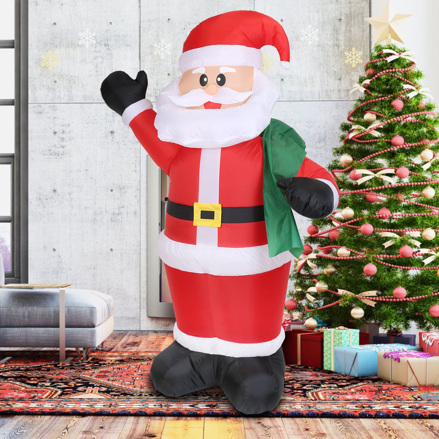 A group of 6.4ft Inflatable Christmas Giant Santa Claus Blow up Santa Claus with built-in blower and LED lights.