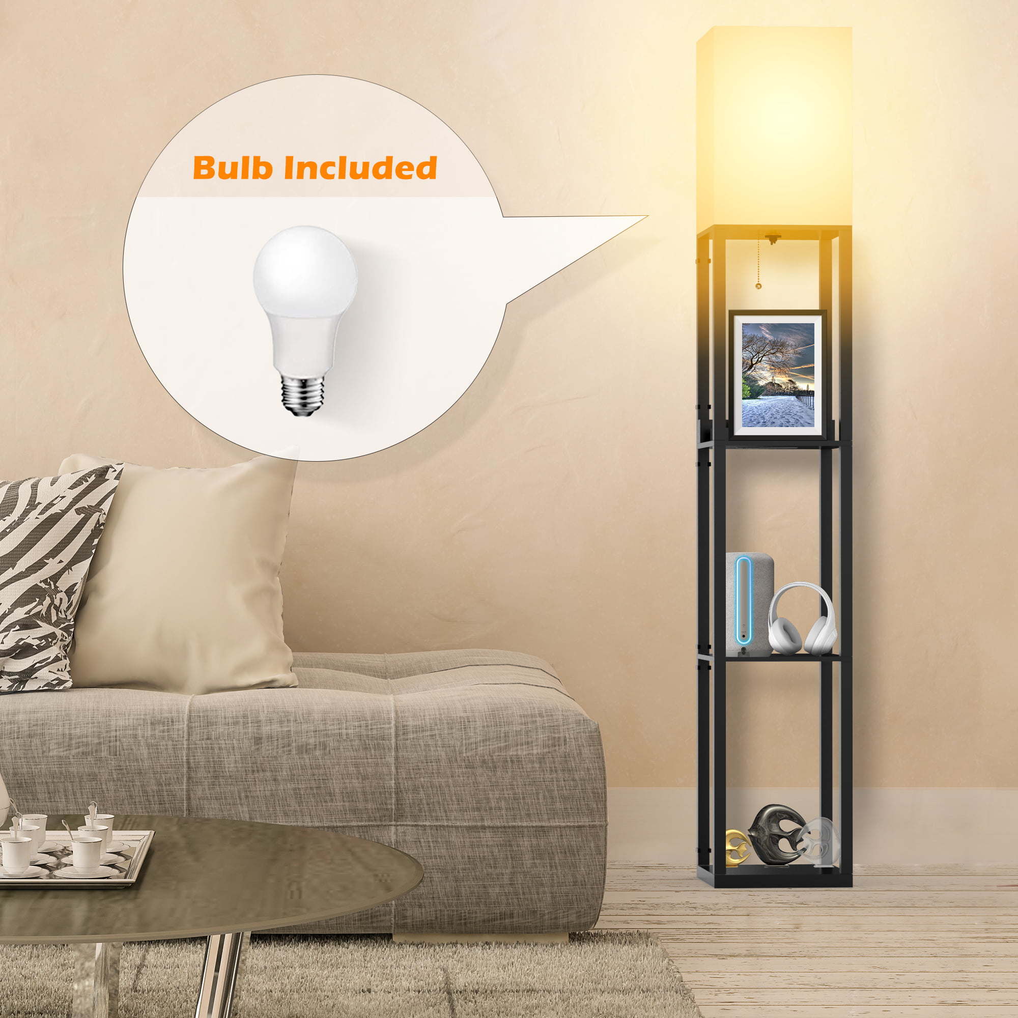Floor Lamp with Shelf; Solid Wood Shelf Floor Lamp with 2 Charging Ports and 1 Power Outlet; Bedroom Floor Lamp; Living Room Lamp; Matte Black floor lamp with built-in shelves and USB charging ports, shown charging multiple devices, with an inset close-up on the charging slot.