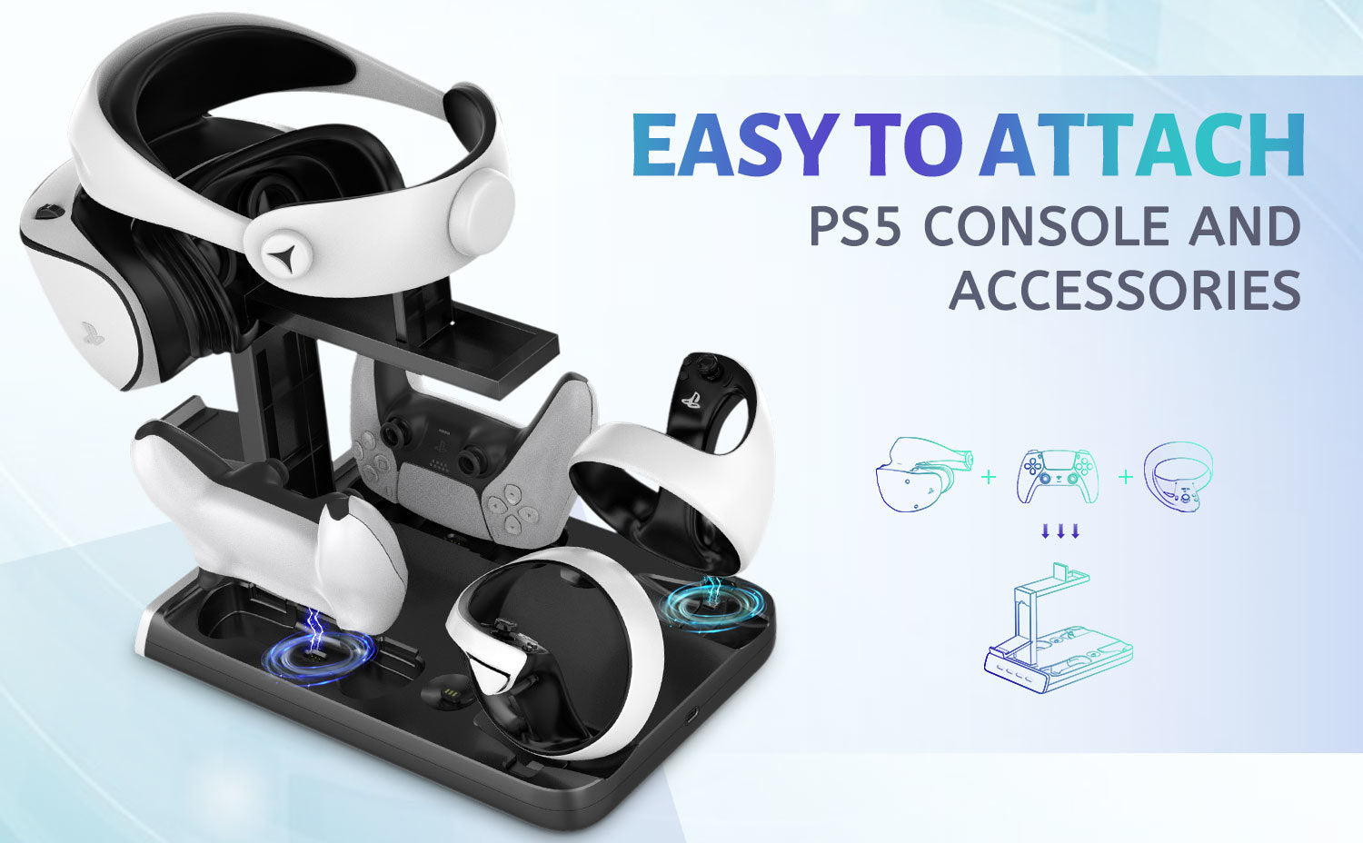 A PSVR2 Controller Charging Dock with LED Light, VR Stand Display is sitting on top of a white Fast Charging Dock.