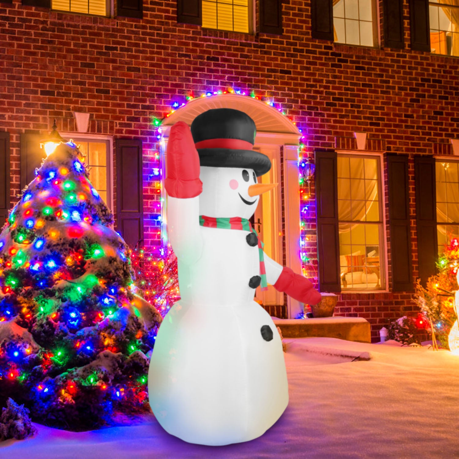 7.9FT Christmas Inflatable Giant Snowman Blow up Light up Snowman adorned with LED lights.