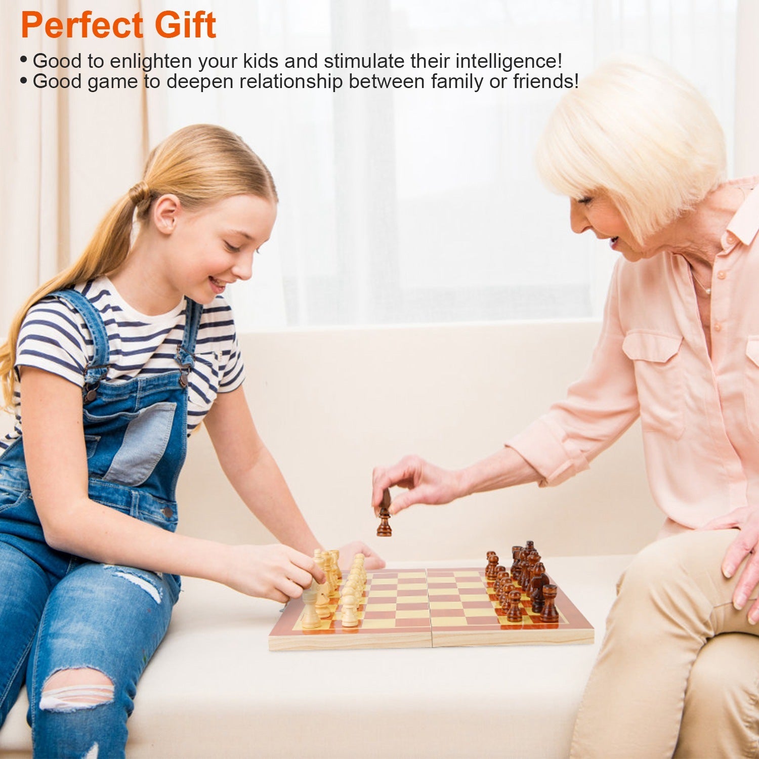 A Folding Board Game Set Portable Travel Wooden Chess Set with Wooden Crafted Pieces Chessmen Storage Box on a white background.
