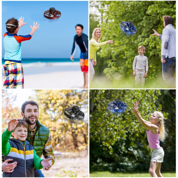 Children playing tag in a lush green park, with one girl in blue shorts reaching to tag a boy in a striped shirt, while a Glow Drone 360 Flying Toy with LED lights hovers above.