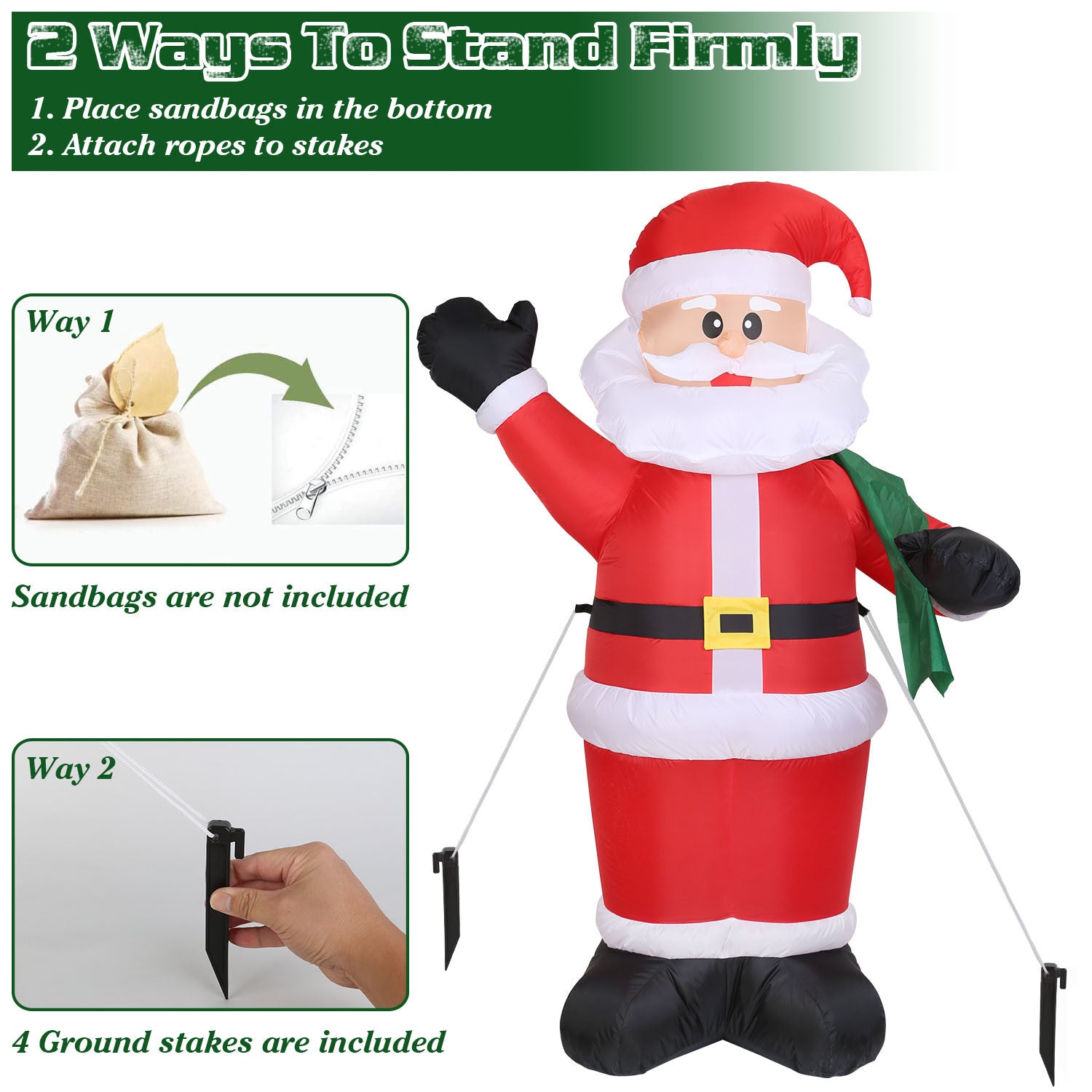 A group of 6.4ft Inflatable Christmas Giant Santa Claus Blow up Santa Claus with built-in blower and LED lights.