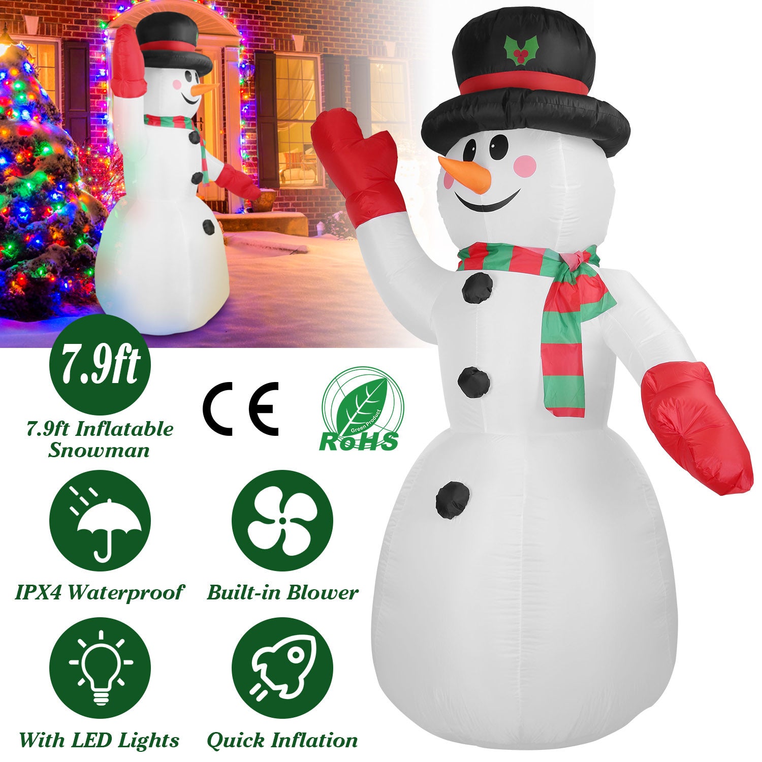 7.9FT Christmas Inflatable Giant Snowman Blow up Light up Snowman adorned with LED lights.