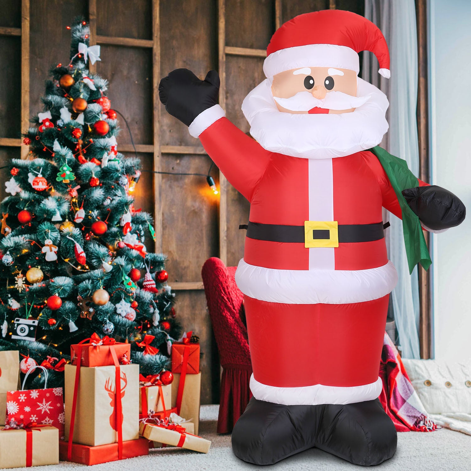 A group of 6.4ft Inflatable Christmas Giant Santa Claus Blow up Santa Claus with built-in blower and LED lights.