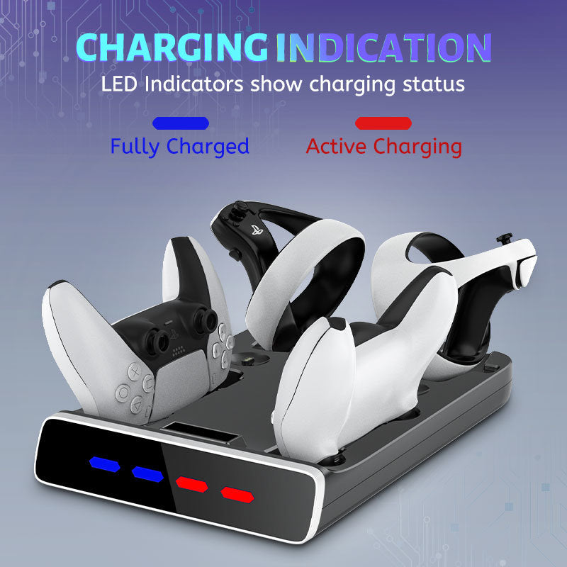 A PSVR2 Controller Charging Dock with LED Light, VR Stand Display is sitting on top of a white Fast Charging Dock.