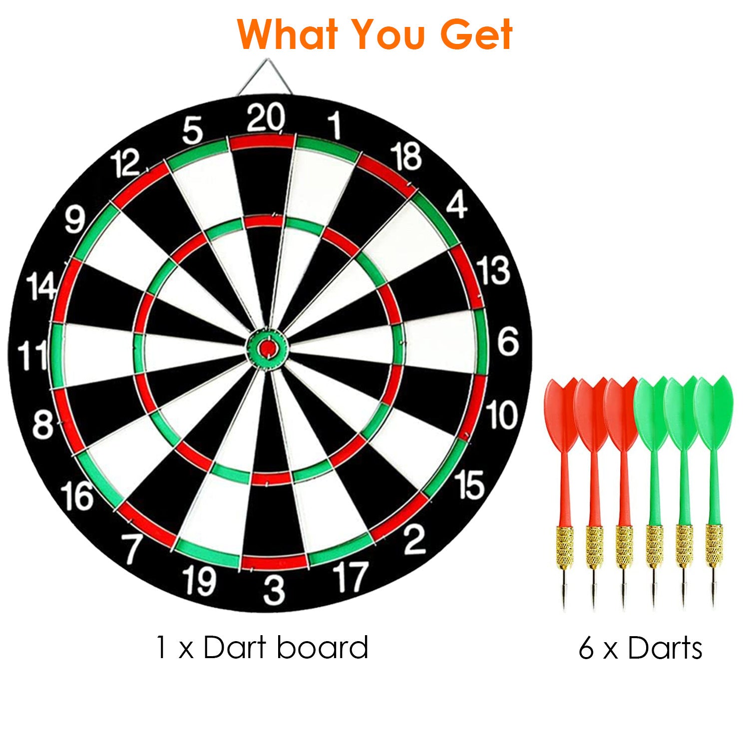 16in Dart Board Game Set 6 Steel Tip Darts Double-sided Dartboard Outdoor Indoor Party Game Set with six darts (three red, three green) embedded in various scoring areas, isolated on a white background.