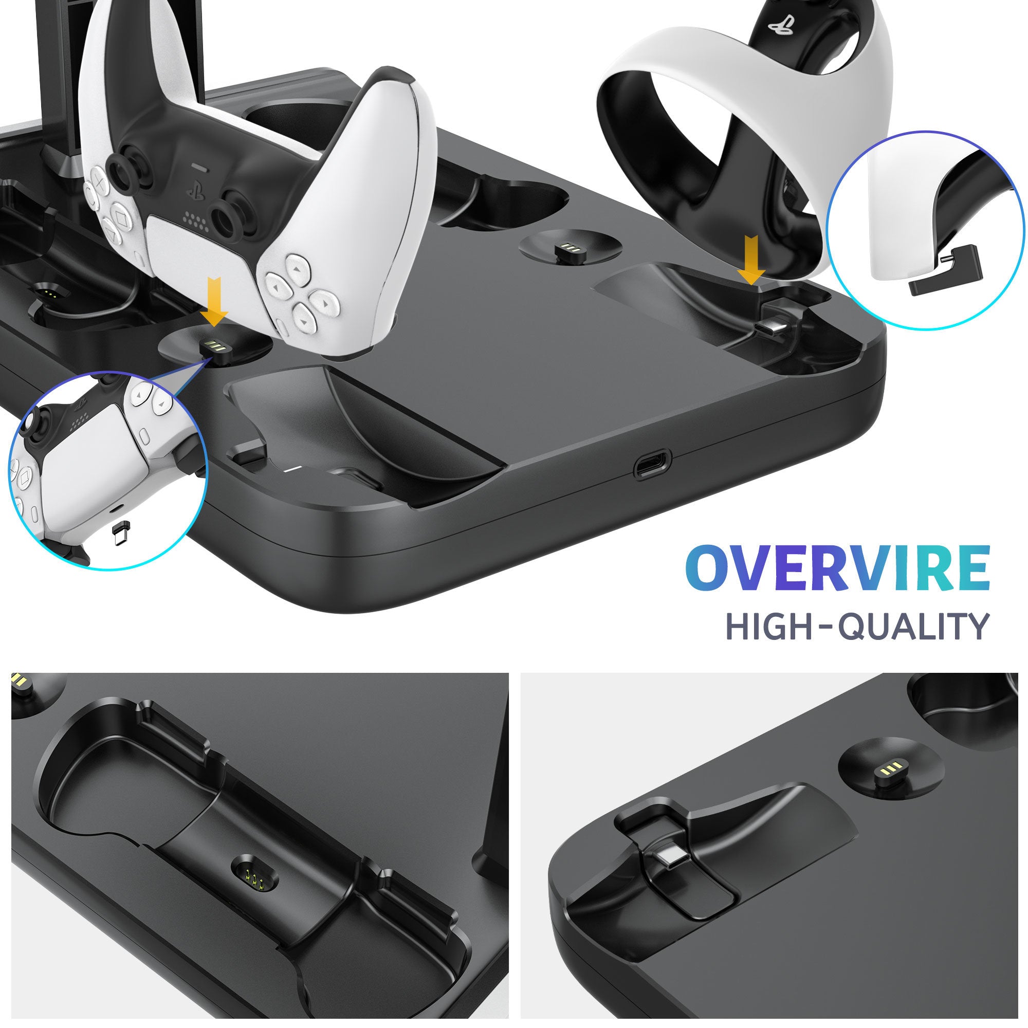 A PSVR2 Controller Charging Dock with LED Light, VR Stand Display is sitting on top of a white Fast Charging Dock.