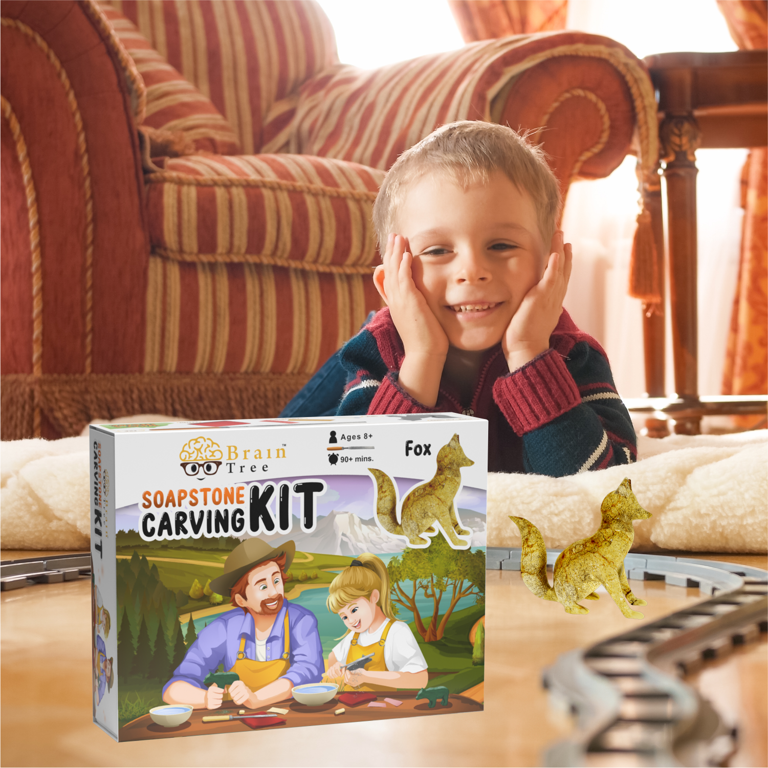 The Fox Soapstone Carving Kit: Safe and Fun DIY Craft for Kids and Adults has a picture of a man and a woman.