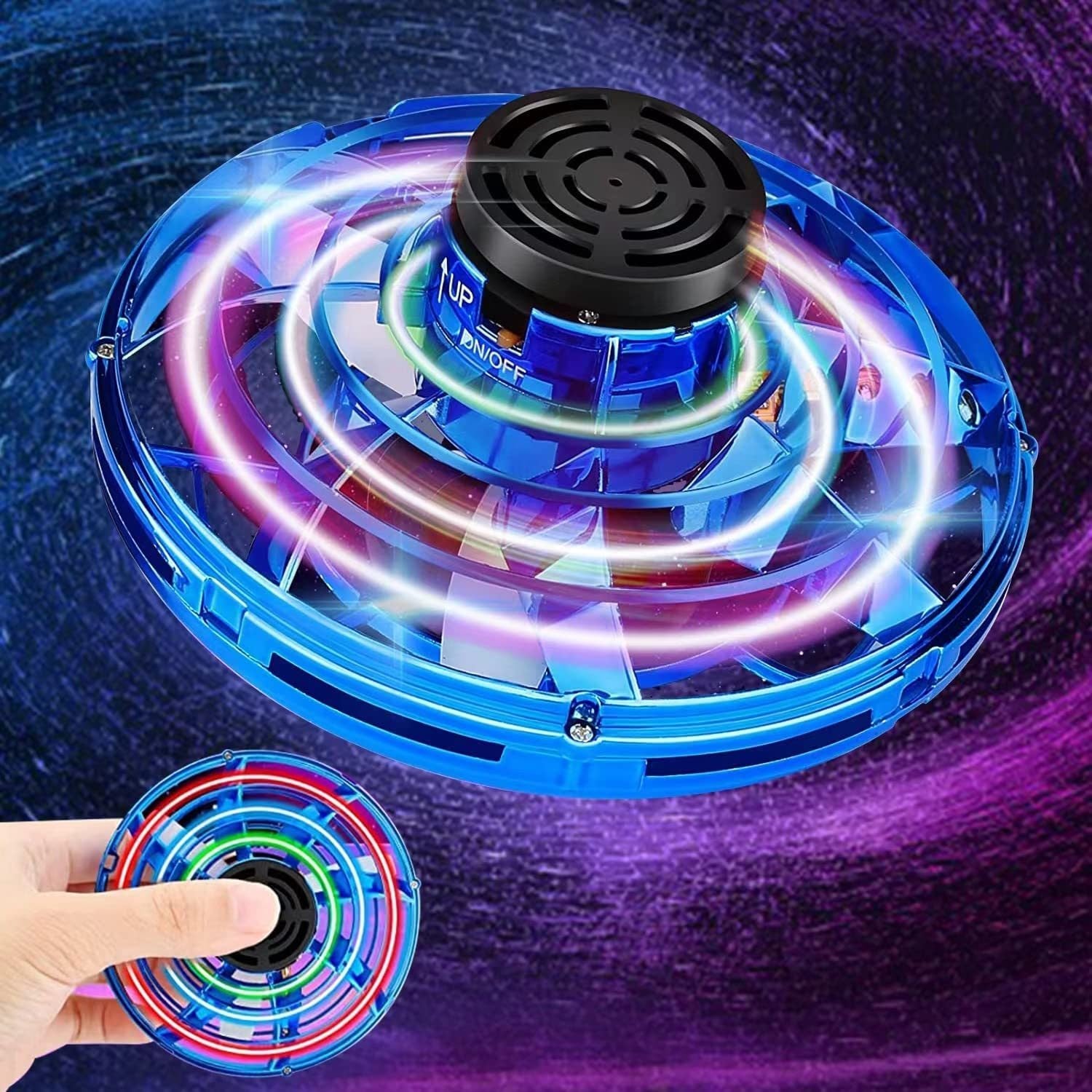 Children playing tag in a lush green park, with one girl in blue shorts reaching to tag a boy in a striped shirt, while a Glow Drone 360 Flying Toy with LED lights hovers above.