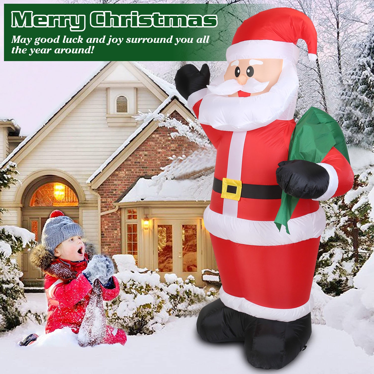 A group of 6.4ft Inflatable Christmas Giant Santa Claus Blow up Santa Claus with built-in blower and LED lights.