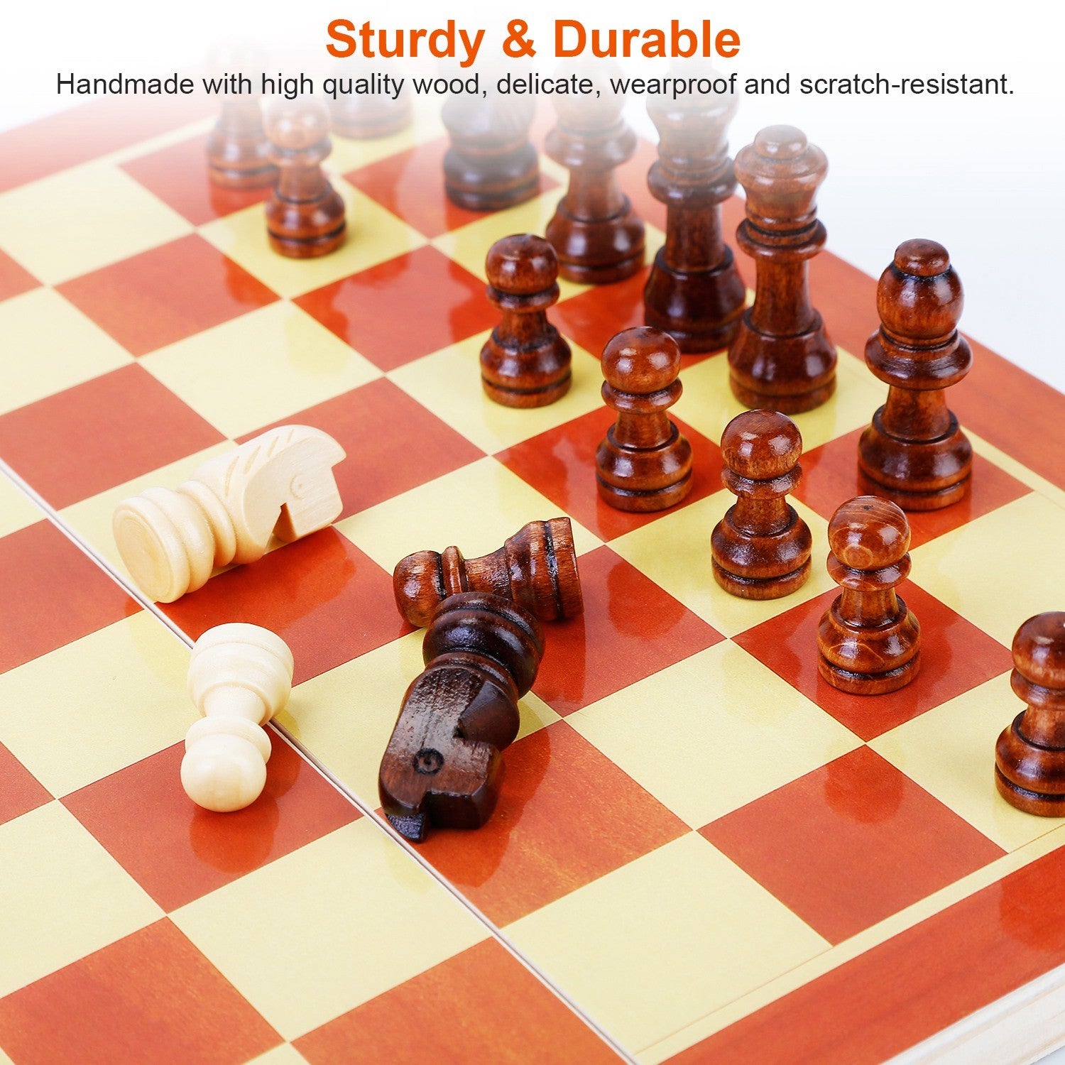 A Folding Board Game Set Portable Travel Wooden Chess Set with Wooden Crafted Pieces Chessmen Storage Box on a white background.