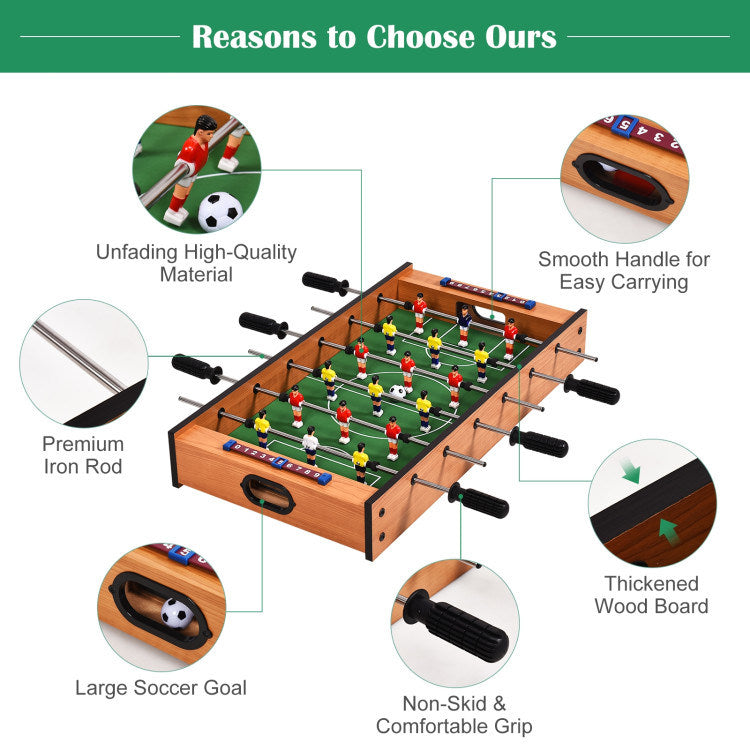 A Family Fun Games Indoor/Outdoor Competition Game Soccer Table with a white background, featuring a MDF frame and steel rods.