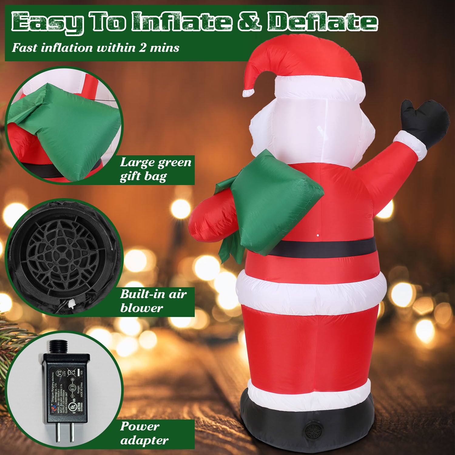 A group of 6.4ft Inflatable Christmas Giant Santa Claus Blow up Santa Claus with built-in blower and LED lights.