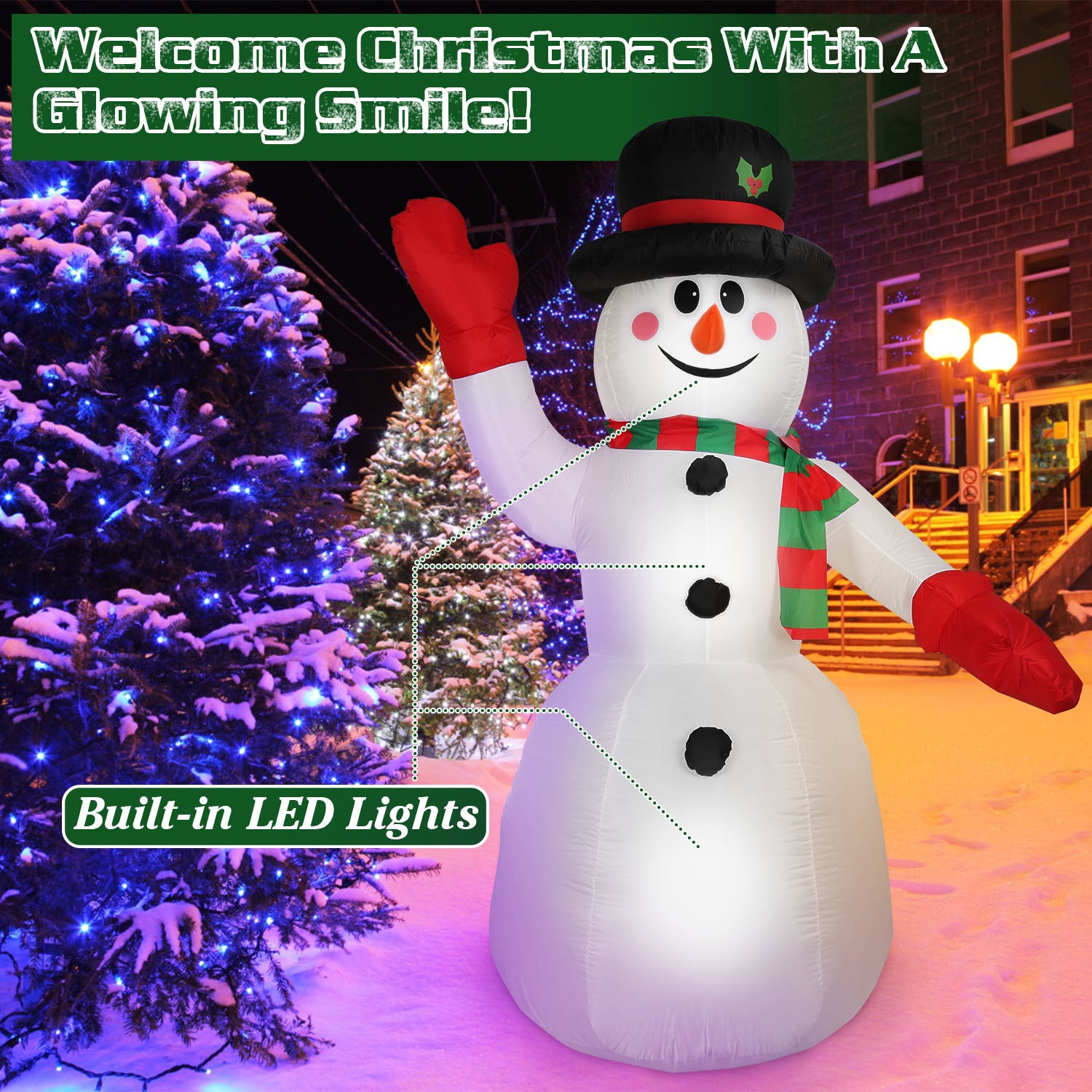 7.9FT Christmas Inflatable Giant Snowman Blow up Light up Snowman adorned with LED lights.