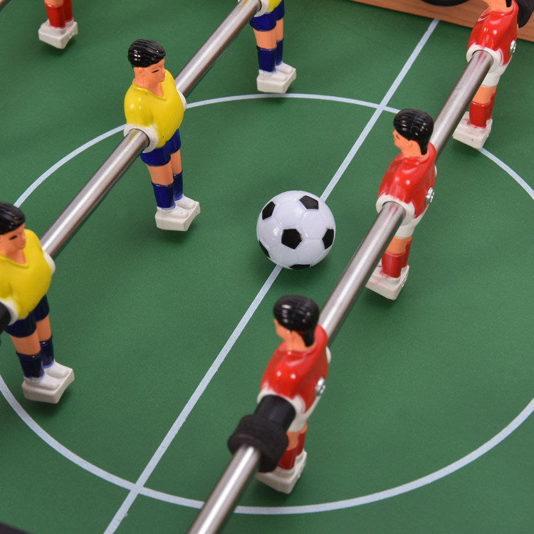 A Family Fun Games Indoor/Outdoor Competition Game Soccer Table with a white background, featuring a MDF frame and steel rods.