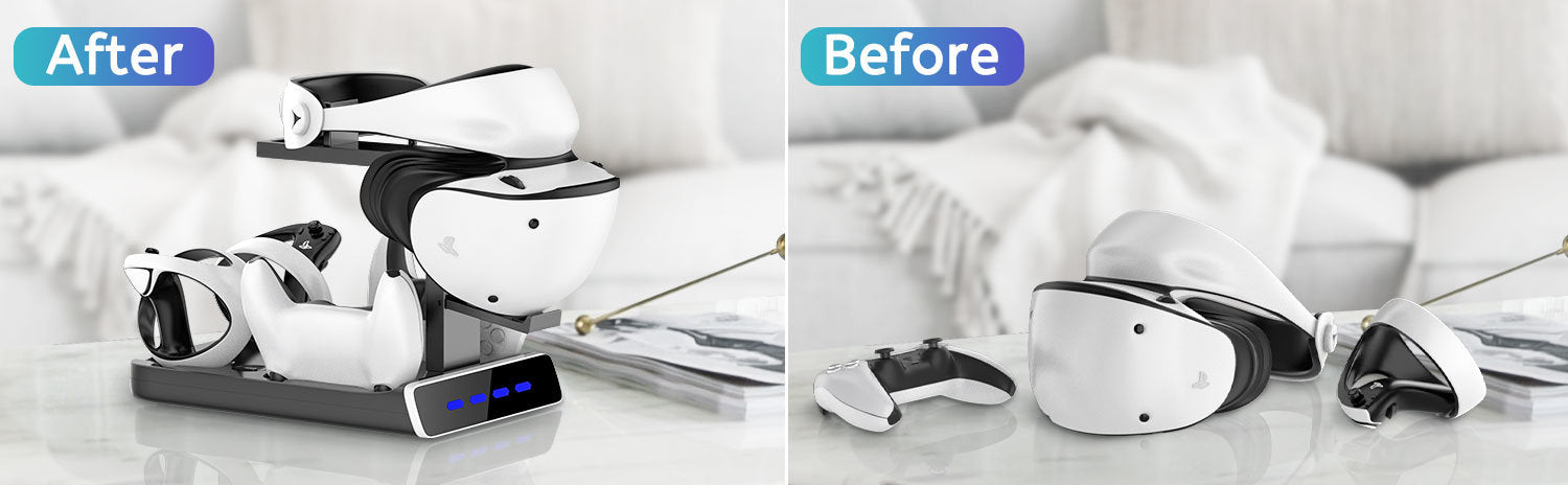 A PSVR2 Controller Charging Dock with LED Light, VR Stand Display is sitting on top of a white Fast Charging Dock.