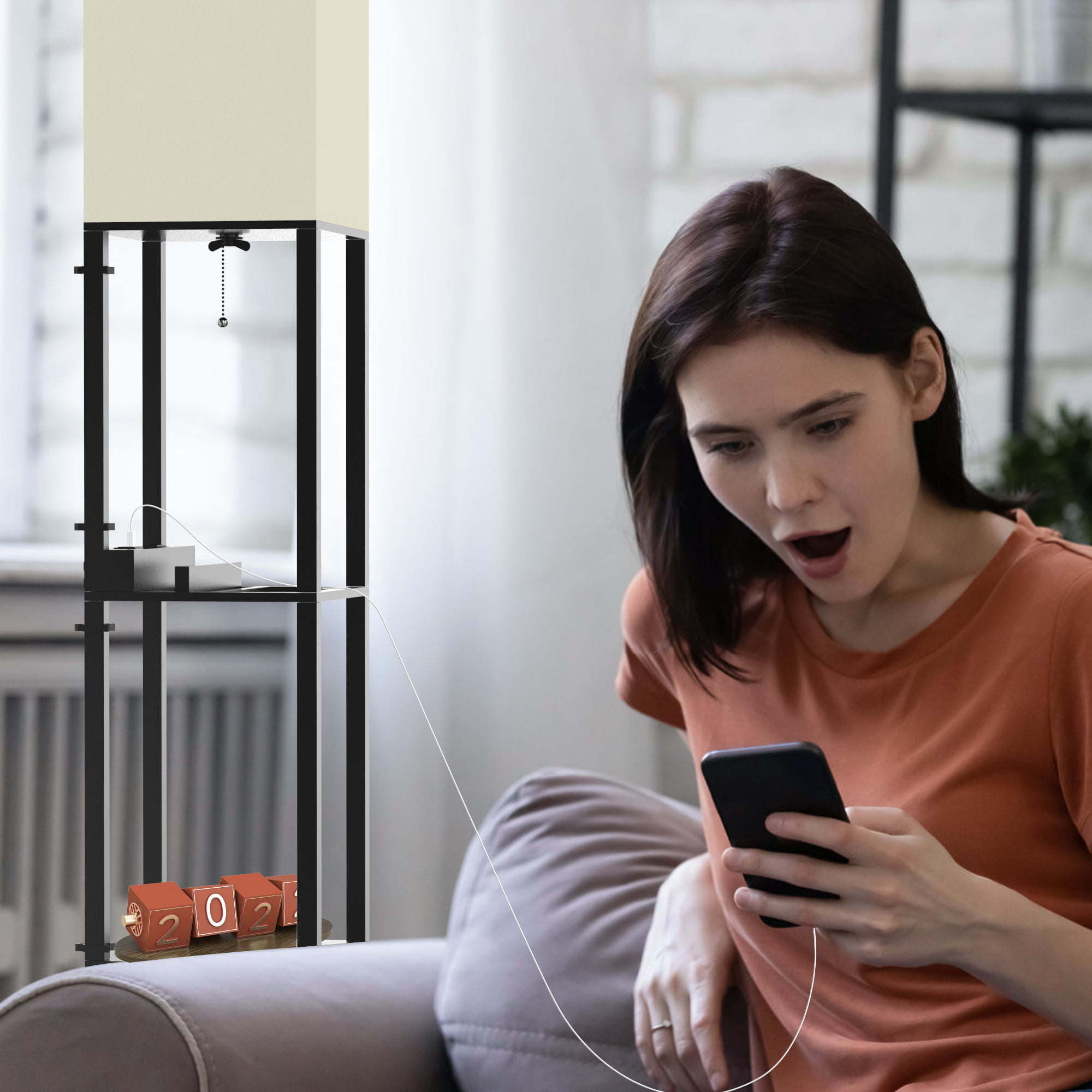 Floor Lamp with Shelf; Solid Wood Shelf Floor Lamp with 2 Charging Ports and 1 Power Outlet; Bedroom Floor Lamp; Living Room Lamp; Matte Black floor lamp with built-in shelves and USB charging ports, shown charging multiple devices, with an inset close-up on the charging slot.