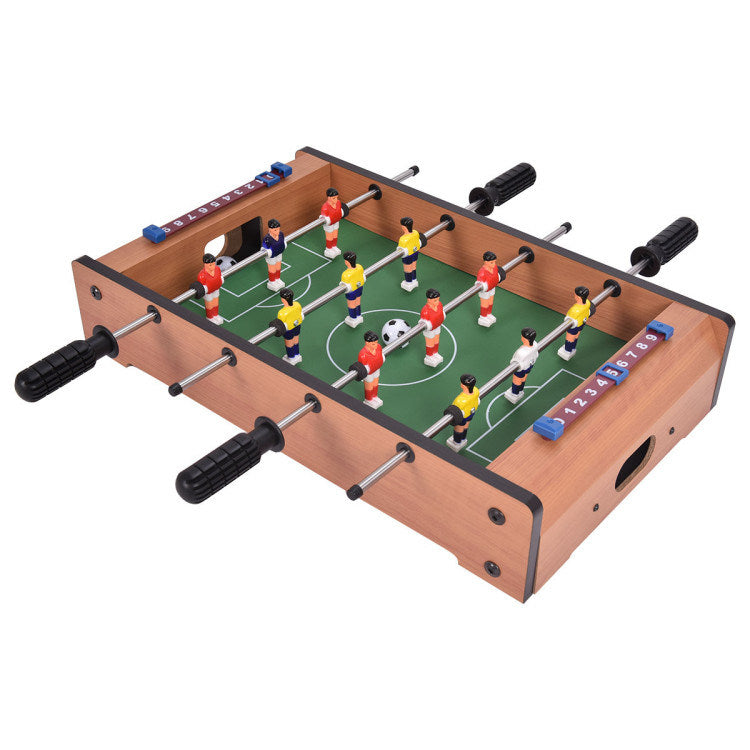 A Family Fun Games Indoor/Outdoor Competition Game Soccer Table with a white background, featuring a MDF frame and steel rods.