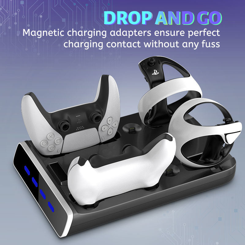 A PSVR2 Controller Charging Dock with LED Light, VR Stand Display is sitting on top of a white Fast Charging Dock.