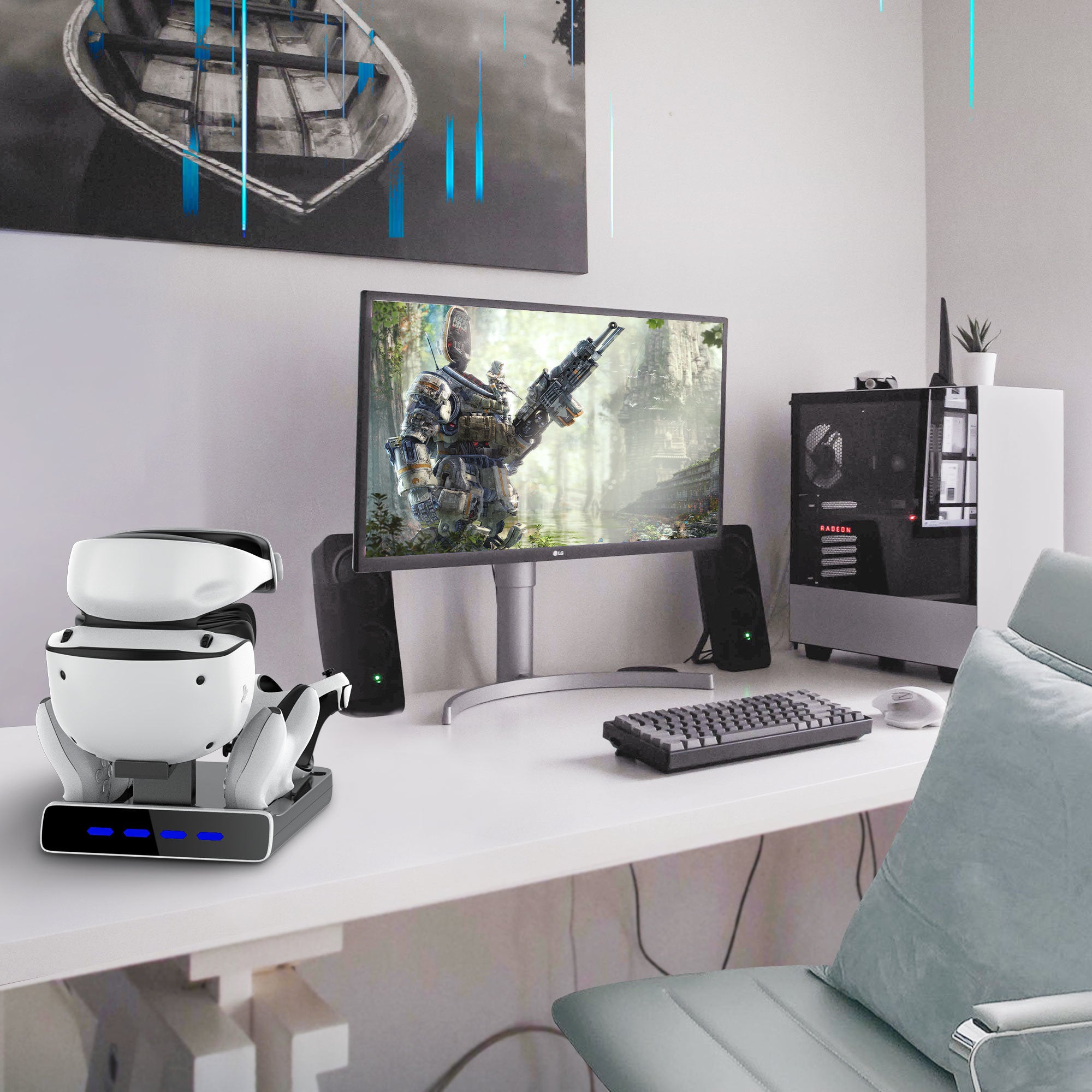 A PSVR2 Controller Charging Dock with LED Light, VR Stand Display is sitting on top of a white Fast Charging Dock.