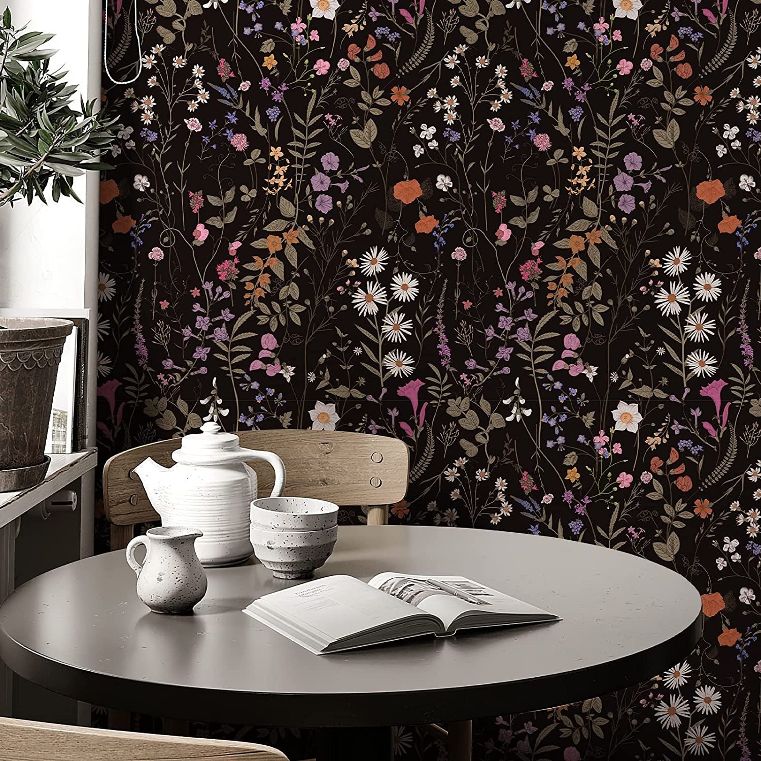 Floral Wallpaper Peel and Stick- Farm Floral Wall Wallpaper, Wildwood Wallpaper Daisy Flower Wallpaper Dark Floral Contact Paper Stick on Wallpaper (17.3" X 118", Timeless)