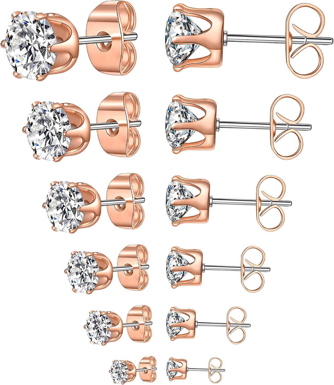 6 Pairs Stud Earrings Set,Clear Cubic Zirconia 316L Stainless Steel Earrings for Women for Men 3-8Mm