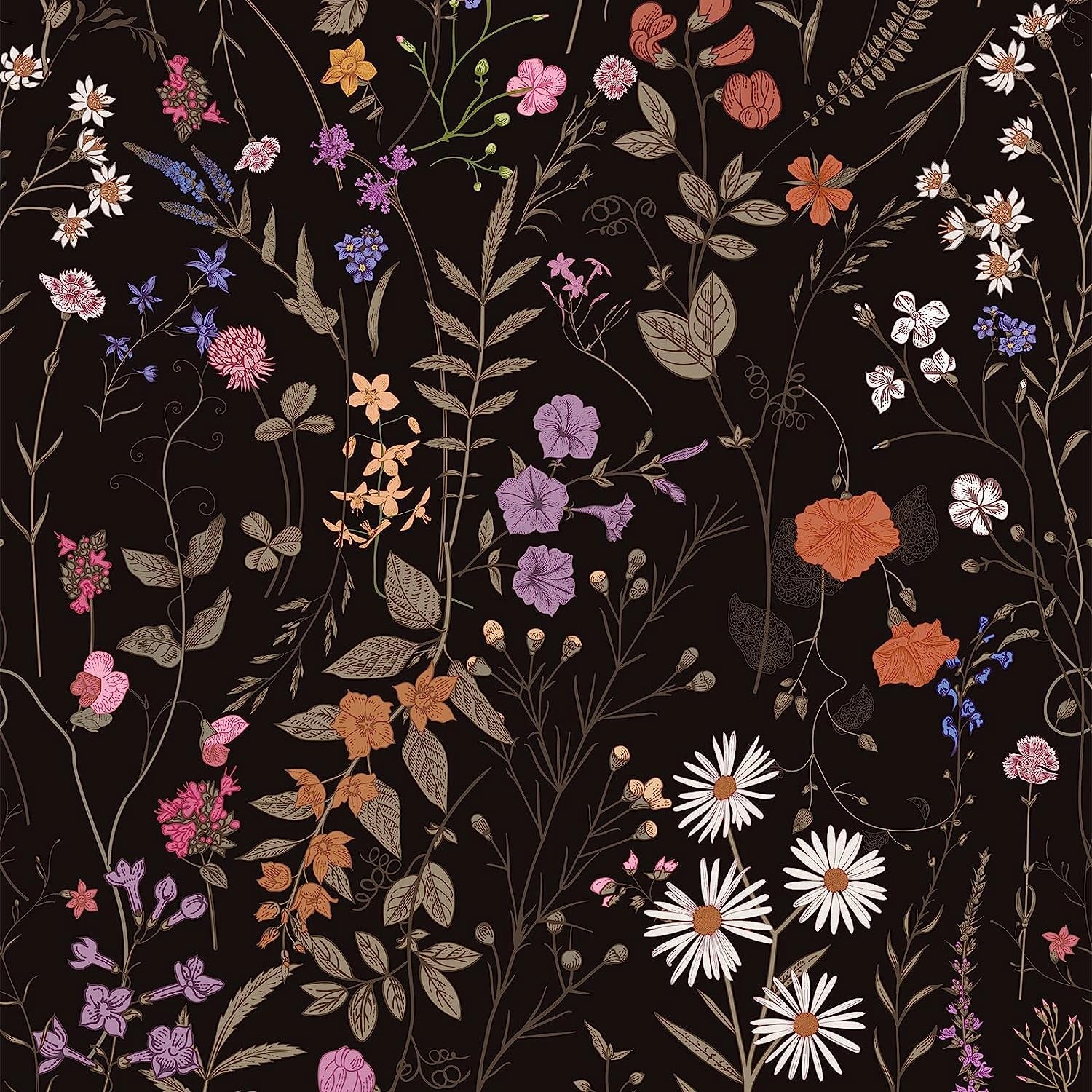 Floral Wallpaper Peel and Stick- Farm Floral Wall Wallpaper, Wildwood Wallpaper Daisy Flower Wallpaper Dark Floral Contact Paper Stick on Wallpaper (17.3" X 118", Timeless)