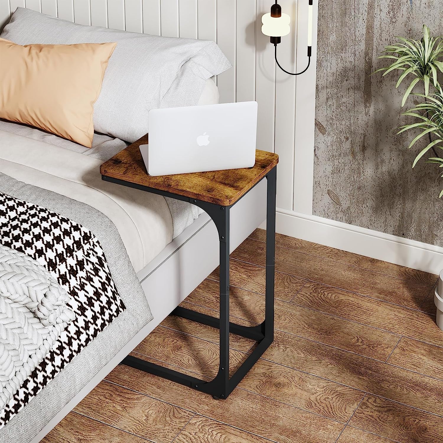 C Table End Table Set of 2 Couch Side Tables C Shaped Living Room Sets Bedroom Farmhouse, Rustic Brown (017-30BN)