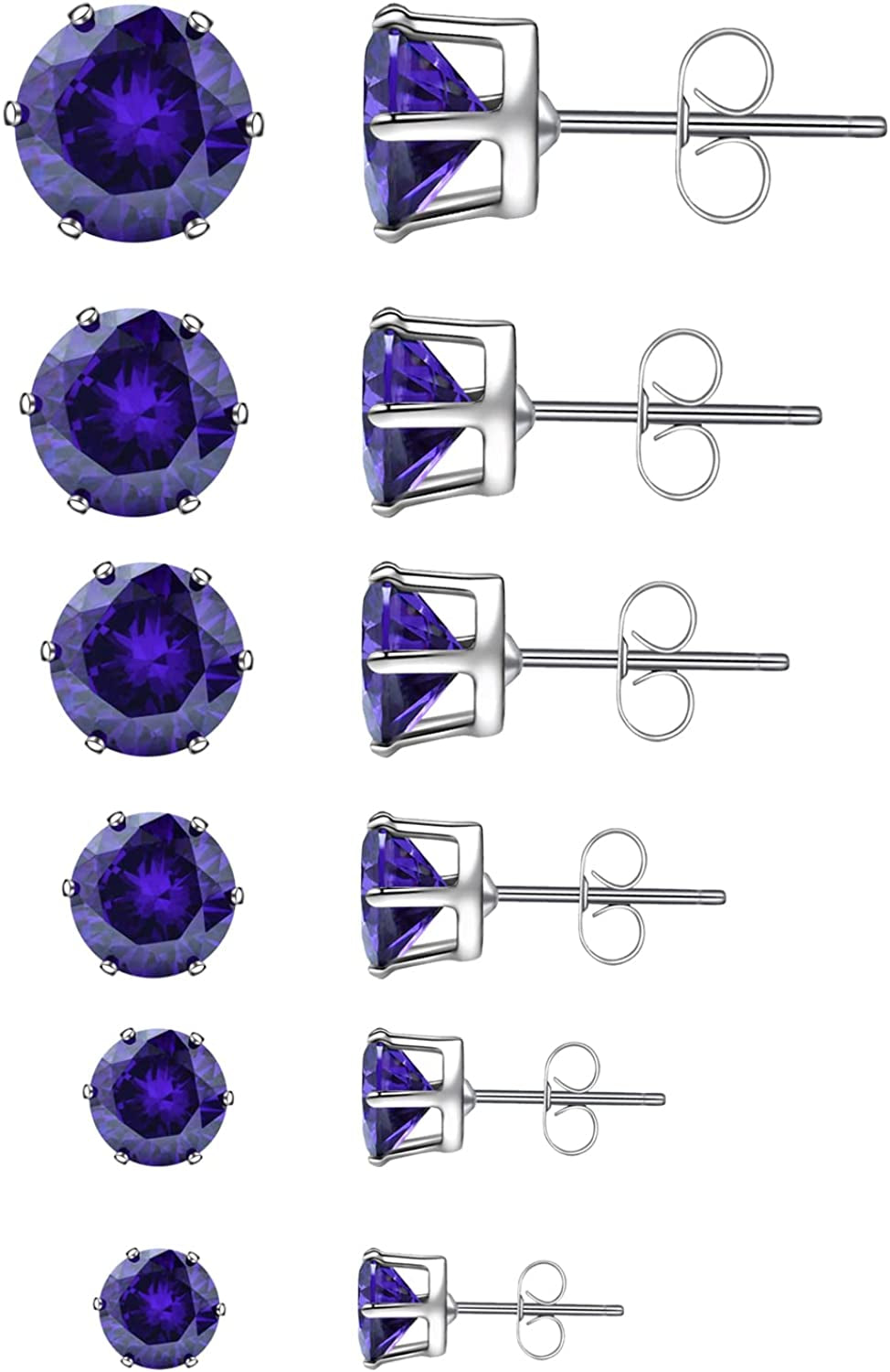 6 Pairs Stud Earrings Set,Clear Cubic Zirconia 316L Stainless Steel Earrings for Women for Men 3-8Mm