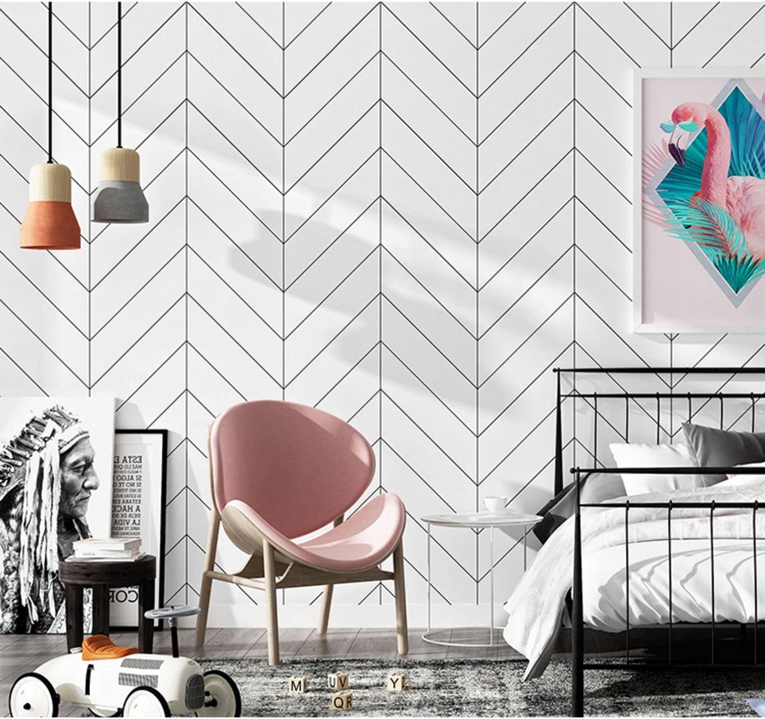 Black and White Wallpaper Peel and Stick Wallpaper Boho Contact Paper Modern Herringbone Wallpaper for Bathroom Bedroom Kitchen Wallpaper Self Adhesive Removable Wallpaper 17.7"×118" Wall Waterproof
